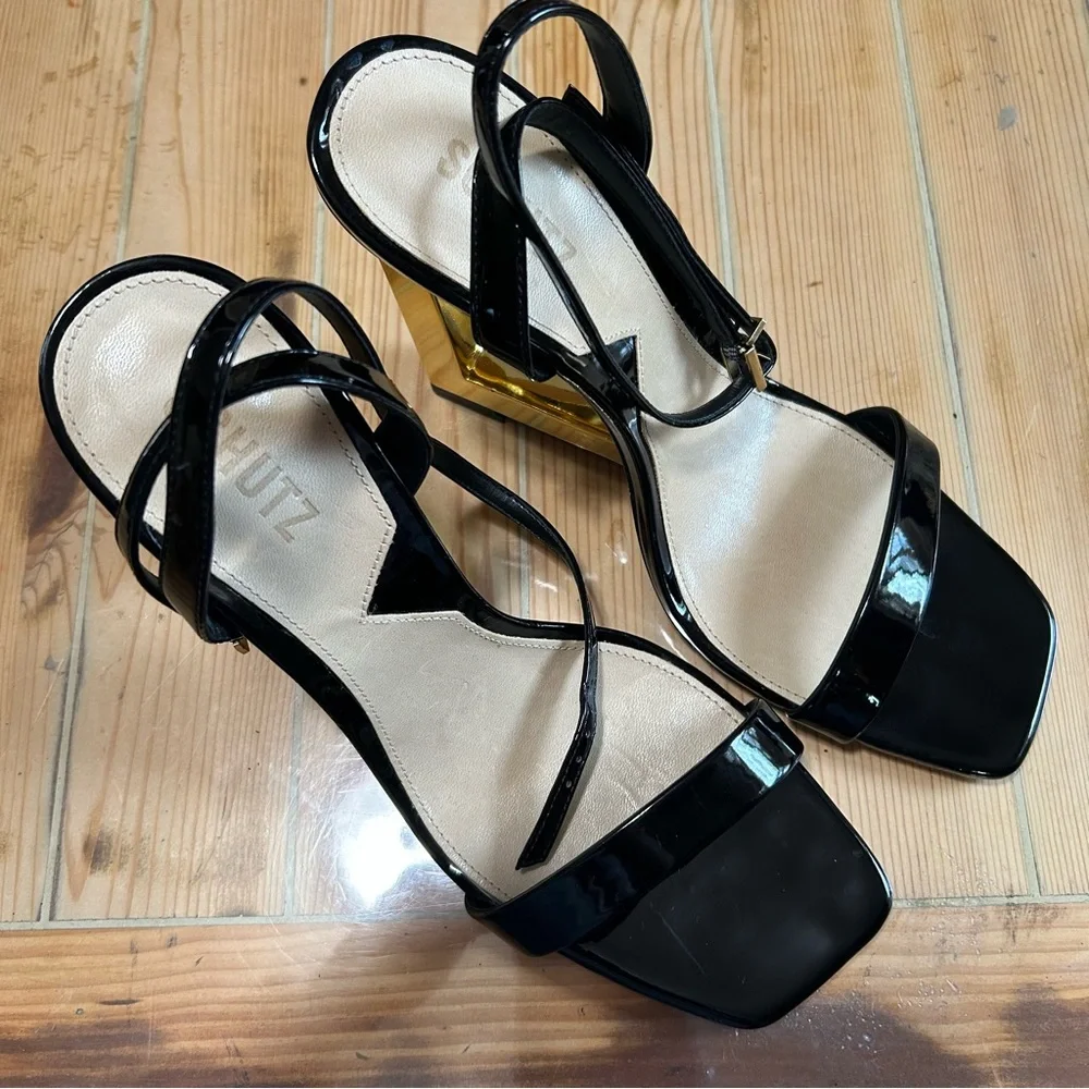 SCHUTZ Filipa Black Patent Leather Sculpted High Heel Sandals - Picture 4 of 13